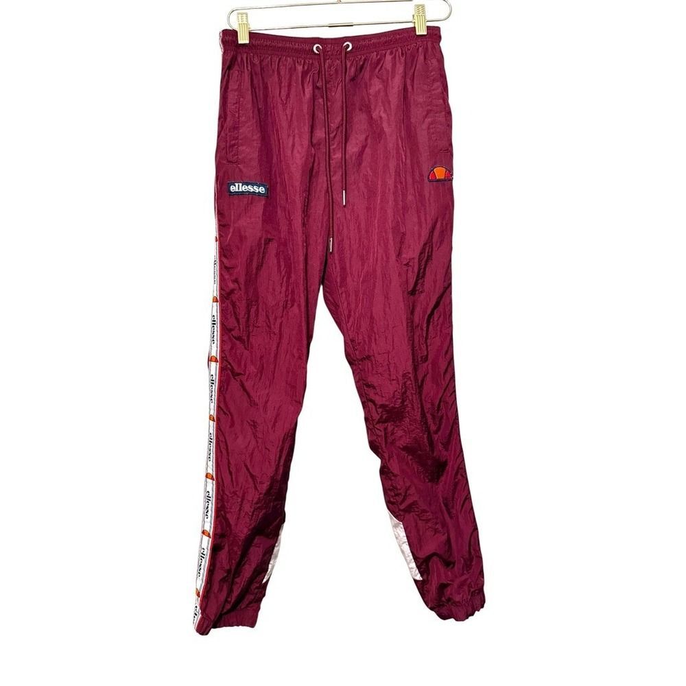 Vintage Ellesse Women Burgundy Nylon Track Pants Colorblock Logo Joggers Size M